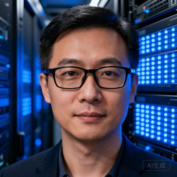技术总监陈明远戴眼镜的正面照，身后是服务器机房的蓝色指示灯阵列